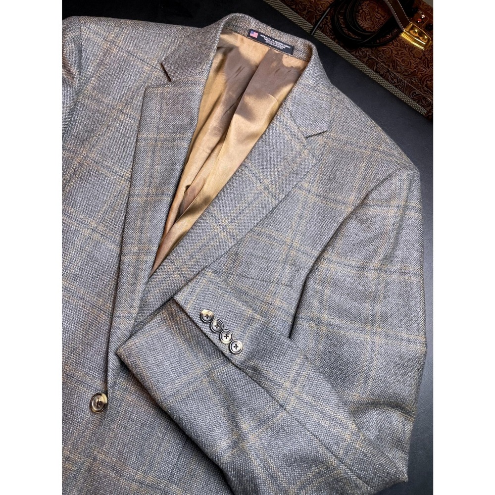 Hart Schaffner Marx Blue Gray Gold 42R Plaid USA Made Blazer Pockets sown SALE